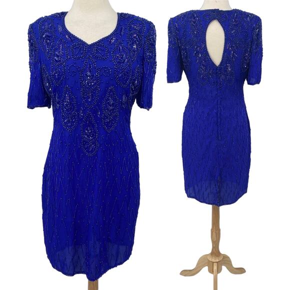 Vintage Beaded Silk Mini Dress Keyhole Back V Neck Shoulder Pads Blue Womens L - Picture 1 of 9